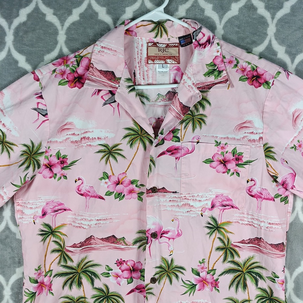 RJC Hawaiian Shirt Men Large Pink Flamingo Plumeria Palm Tree Tropical Aloha